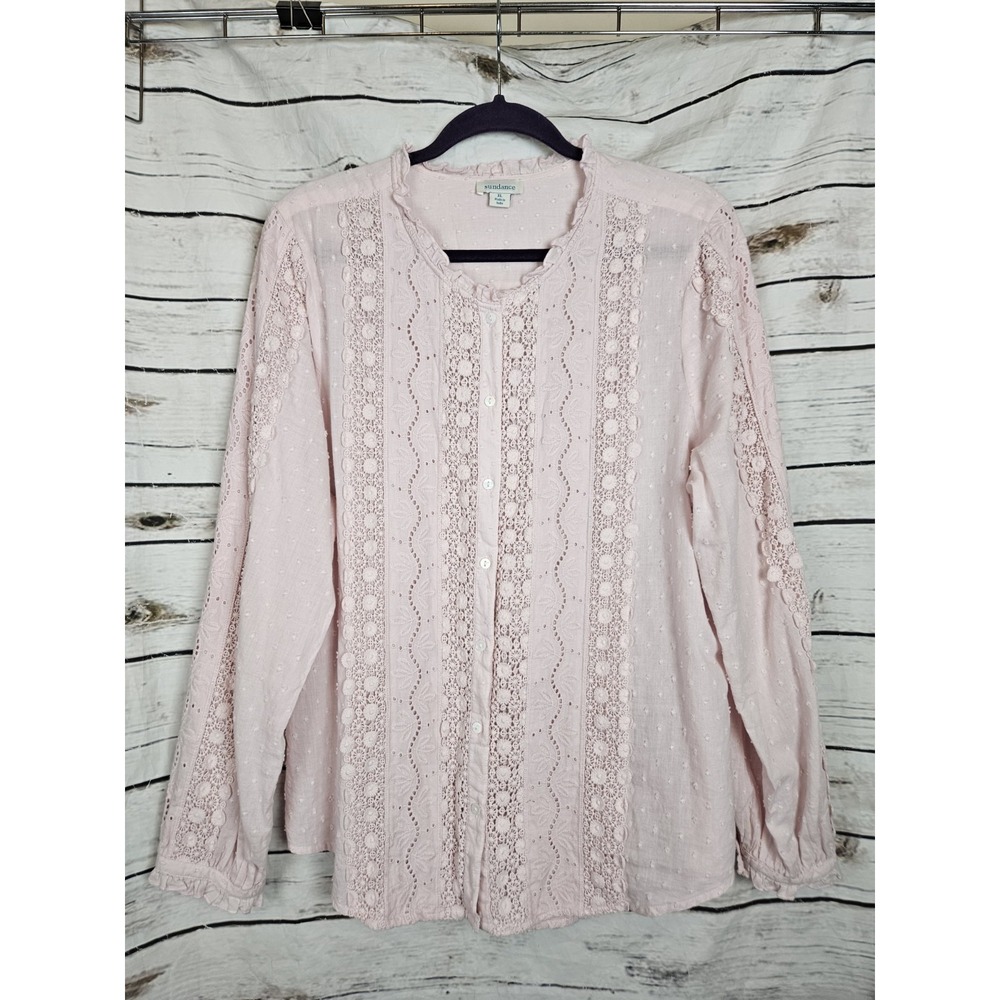 Sundance Light Pink Crochet Lace Top XL Boho Cottagecore Long Sleeves  Cotton